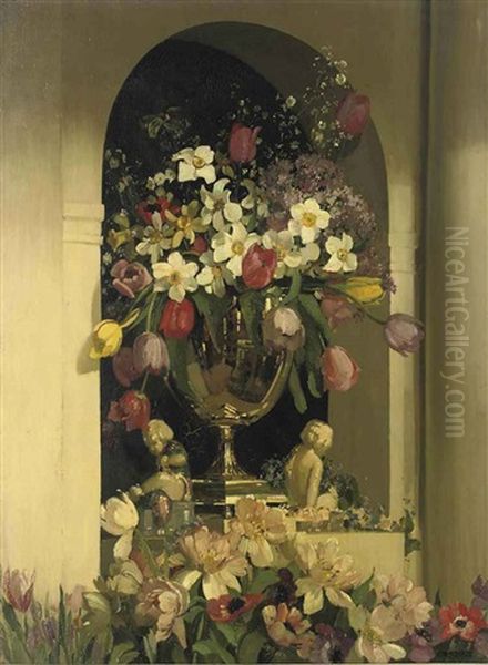 Summer Flowers In A Silver Vase Oil Painting by Herbert Davis Richter