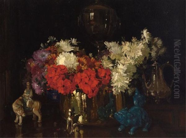 Floral Still Life With Chinese Figurines And Silver Oil Painting by Herbert Davis Richter