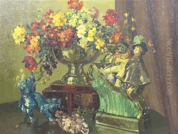 A Still Life Of Mixed Flowers, Silver And Porcelain On A Table Oil Painting by Herbert Davis Richter
