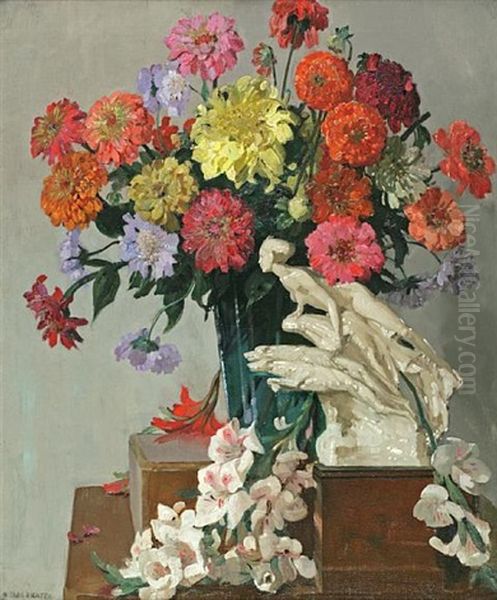 A Still Life With Zinnias And Other Flowers In A Glass Vase With A Porcelain Figurine Oil Painting by Herbert Davis Richter