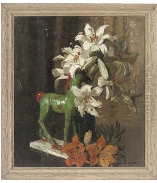 Lilies And A Green Horse, On A Table Oil Painting by Herbert Davis Richter
