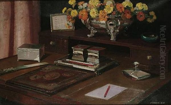 Desk Top Still Life With Inkwells Oil Painting by Herbert Davis Richter