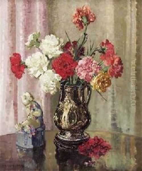 Still Life With Pink And White Carnations Oil Painting by Herbert Davis Richter