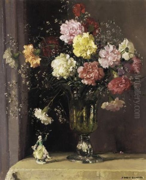 Still Life With Flowers And Figurine Oil Painting by Herbert Davis Richter