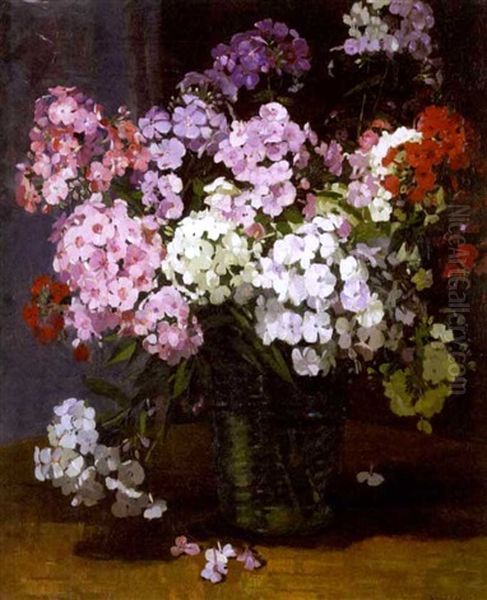 A Still Life With Geraniums Oil Painting by Herbert Davis Richter