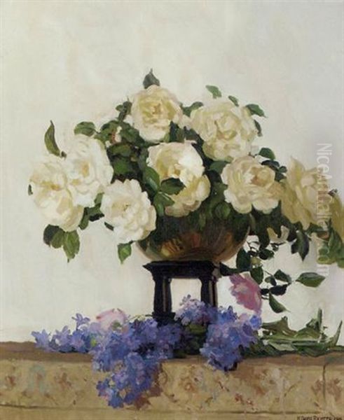 White Roses And Lilac On A Ledge Oil Painting by Herbert Davis Richter