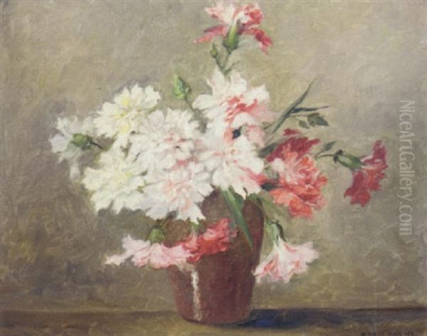 Pink And White Carnations In A Vase Oil Painting by Herbert Davis Richter