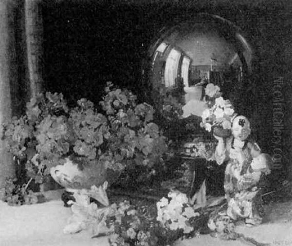 Table Top Still Life With Self Portrait Reflection Oil Painting by Herbert Davis Richter