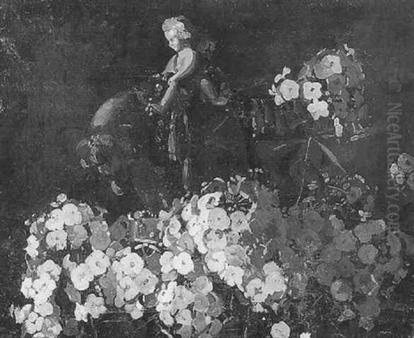 Still Life Of Phlox With Porcelain Figures Oil Painting by Herbert Davis Richter