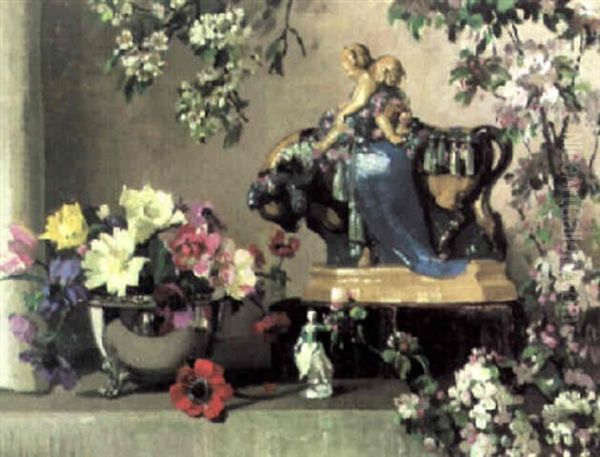 Still Life With Flowers And China Figures Oil Painting by Herbert Davis Richter