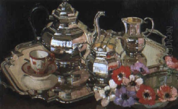Silver And Anemones Oil Painting by Herbert Davis Richter