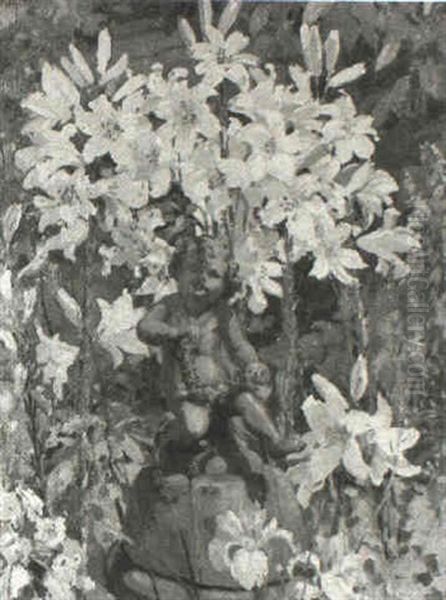 Putto And Lillies Oil Painting by Herbert Davis Richter