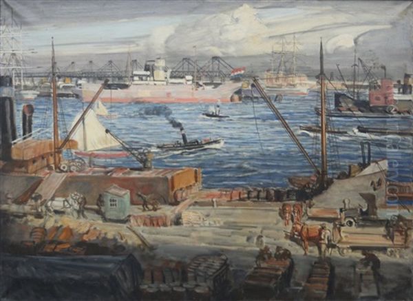 Bedrijvigheid In De Rotterdamse Haven Oil Painting by Marius Richters