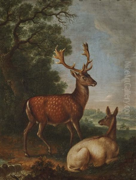 Fallow Deer At The Edge Of The Forest Oil Painting by Johann Elias Ridinger or Riedinger