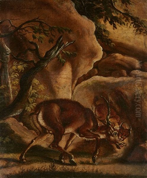 A Lynx Attacking A Stag Oil Painting by Johann Elias Ridinger or Riedinger