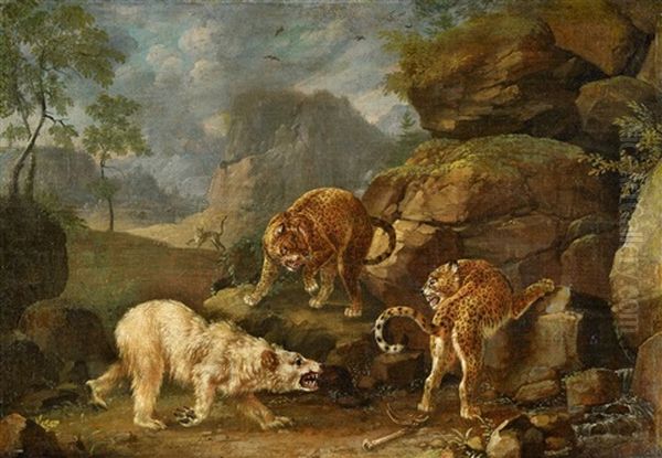 Two Leopards Attacking A Polar Bear Oil Painting by Johann Elias Ridinger or Riedinger