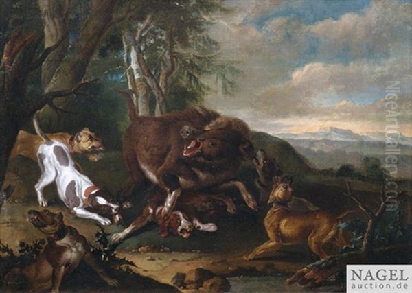 Jagdhunde Attackieren Ein Wildschwein Oil Painting by Johann Elias Ridinger or Riedinger