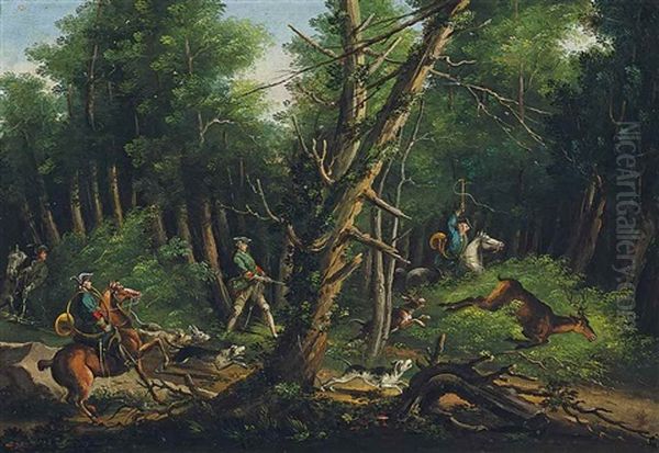 A Hunt Oil Painting by Johann Elias Ridinger or Riedinger