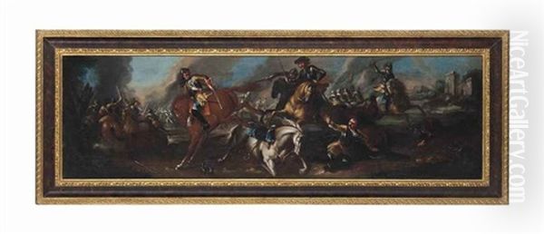 A Cavalry Skirmish Oil Painting by Johann Elias Ridinger or Riedinger