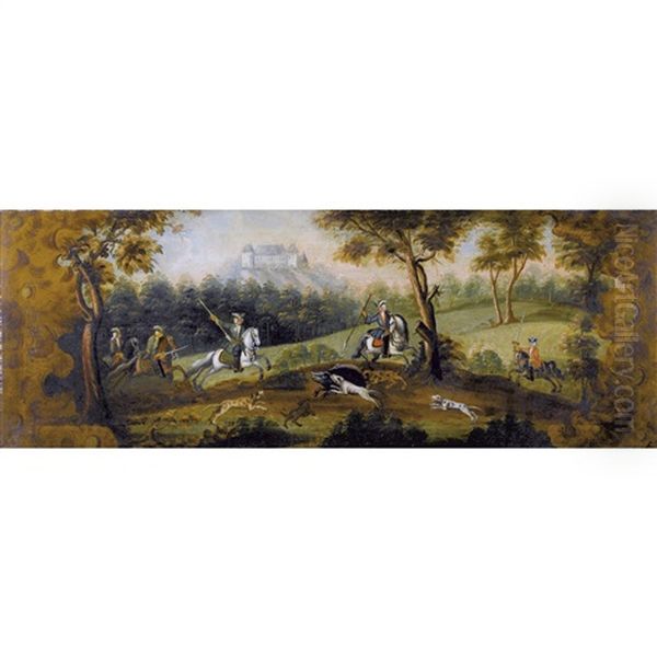 Parforcejagd Mit Einem Eber Oil Painting by Johann Elias Ridinger or Riedinger