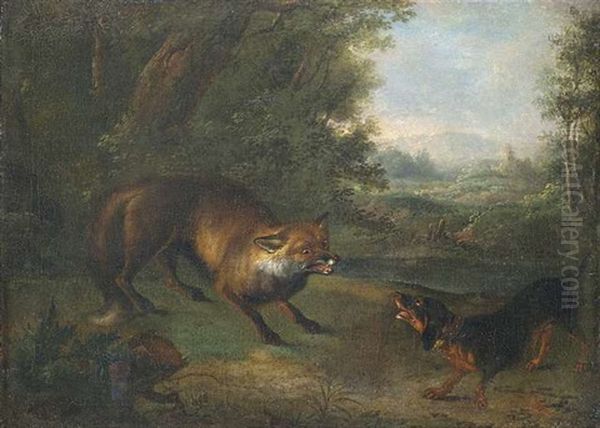 Ein Dackel Und Ein Fuchs Begegnen Sich Am Wald Oil Painting by Johann Elias Ridinger or Riedinger