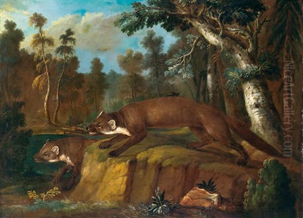 Zwei Fuchse In Einer Waldlandschaft Oil Painting by Johann Elias Ridinger or Riedinger