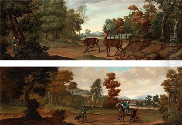 Landskap Med Jagare (pair) Oil Painting by Johann Elias Ridinger or Riedinger