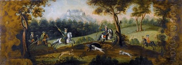 Parforcejagd Mit Einem Eber Oil Painting by Johann Elias Ridinger or Riedinger