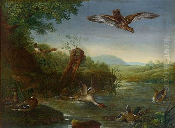 Stockenten Am Teich Oil Painting by Johann Elias Ridinger or Riedinger