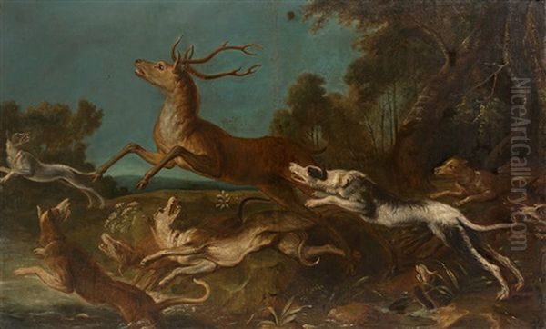 Hunde Hetzen Hirsche (pair) Oil Painting by Johann Elias Ridinger or Riedinger