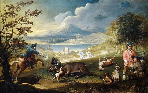 Hirschjagd In Weiter Landschaft Oil Painting by Johann Elias Ridinger or Riedinger