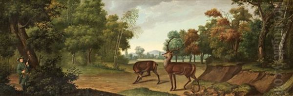 Landskap Med Jagare (+ Another; Pair) Oil Painting by Johann Elias Ridinger or Riedinger
