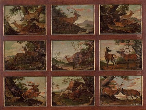 Szenen Aus Dem Leben Der Hirsche Und Rehe (9 Works Framed Together) Oil Painting by Johann Elias Ridinger or Riedinger