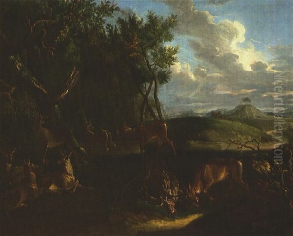Hirsche Im Zweikampf Oil Painting by Johann Elias Ridinger or Riedinger