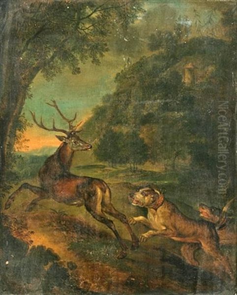 Stag Hunt (+ Boar Hunt; 2 Works) Oil Painting by Johann Elias Ridinger or Riedinger