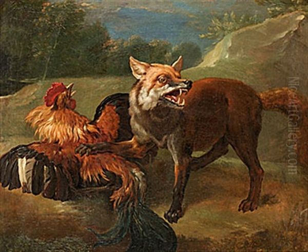 Fabelmotiv Med Rav Och Tupp Oil Painting by Johann Elias Ridinger or Riedinger