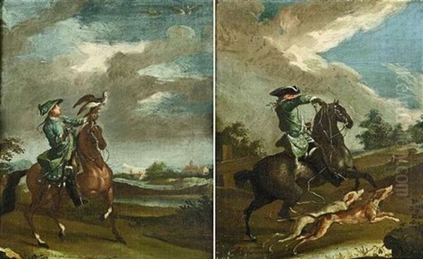 Berittener Jager Mit Einem Falken Vor Landschaft (+ Reiter Mit Zwei Hunden Bei Der Jagd; Pair) Oil Painting by Johann Elias Ridinger or Riedinger