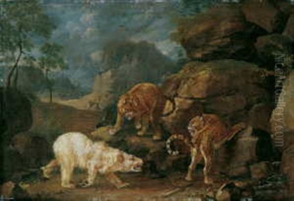 Der Kampf Zwischen Einem Eisbaren Und Zwei Leoparden Oil Painting by Johann Elias Ridinger or Riedinger