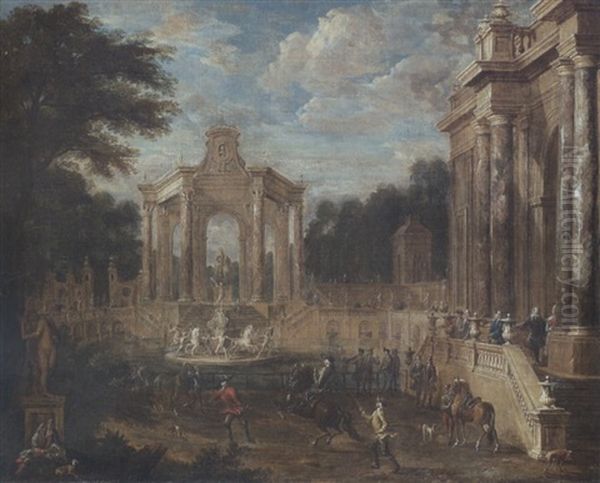 Reitschule, Vor Schlossarchitekturlandschaft Mittig Brunnenanlage Oil Painting by Johann Elias Ridinger or Riedinger