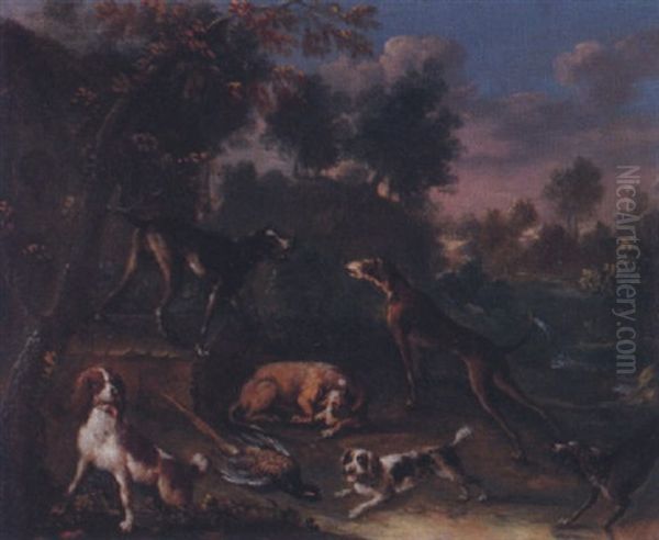 Jagdhunde Mit Fasan Oil Painting by Johann Elias Ridinger or Riedinger