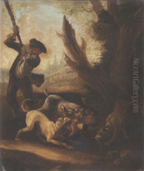Jagdhunde Verbeisen Sich In Einen Fuchs, Links Daneben Mann Mit Knupel Oil Painting by Johann Elias Ridinger or Riedinger
