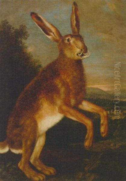 A Prancing Hare, With A Town Beyond Oil Painting by Johann Elias Ridinger or Riedinger