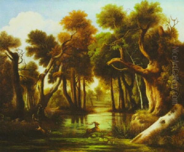 Landscape With Stag Hunt Oil Painting by Johann Elias Ridinger or Riedinger