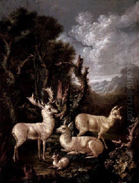 Weise Damhirsche Am Waldrand In Romantischer Berglandschaft Oil Painting by Johann Elias Ridinger or Riedinger