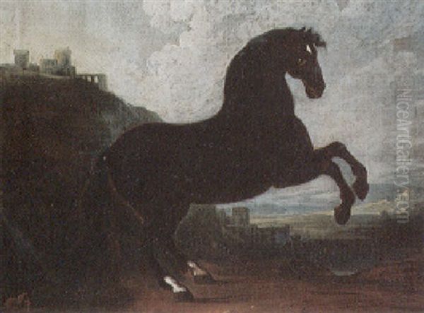 Portrait Eines Braunen Vollbluters Vor Klassischer Abendlandschaft Mit Schloshugel Oil Painting by Johann Elias Ridinger or Riedinger