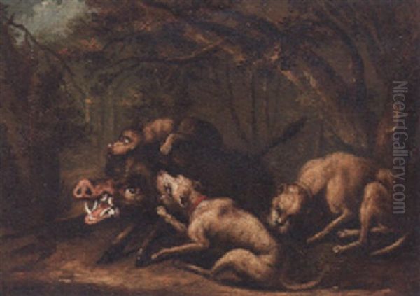Hounds Attacking A Boar Oil Painting by Johann Elias Ridinger or Riedinger