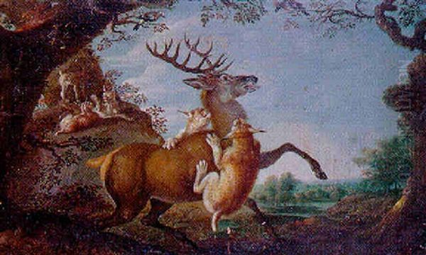 Cerf Attaque Par Les Lynx Oil Painting by Johann Elias Ridinger or Riedinger