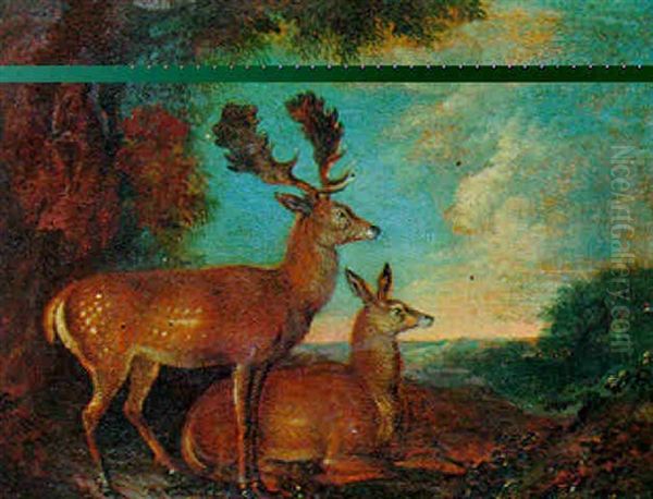 Cerf Et Biche Oil Painting by Johann Elias Ridinger or Riedinger
