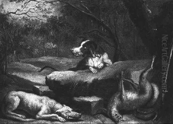 Zwei Hunde Bewachen Einen Erlegten Fuchs Oil Painting by Johann Elias Ridinger or Riedinger