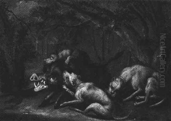 Ein Keiler Von Jagdhunden Gestellt Oil Painting by Johann Elias Ridinger or Riedinger